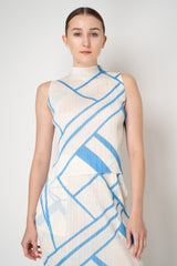 Pleats Please Issey Miyake Fold Line Sleeveless Top in Cream and Blue Pattern