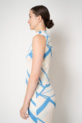 Pleats Please Issey Miyake Fold Line Sleeveless Top in Cream and Blue Pattern