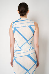 Pleats Please Issey Miyake Fold Line Sleeveless Top in Cream and Blue Pattern