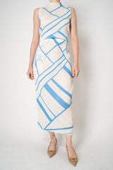 Pleats Please Issey Miyake Fold Line Maxi Skirt in Cream and Blue Pattern
