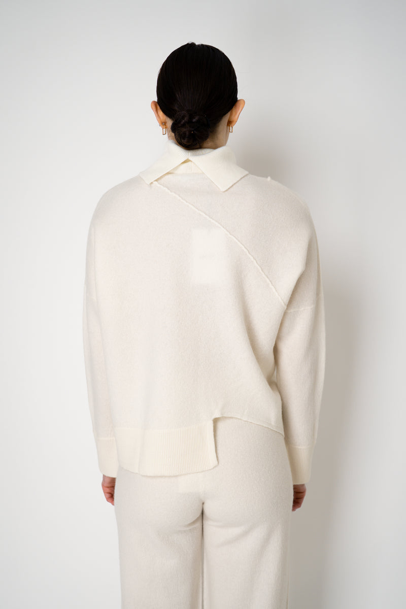 MeiMeiJ Split Turtleneck Felt Wool Knitted Pullover in Off-White