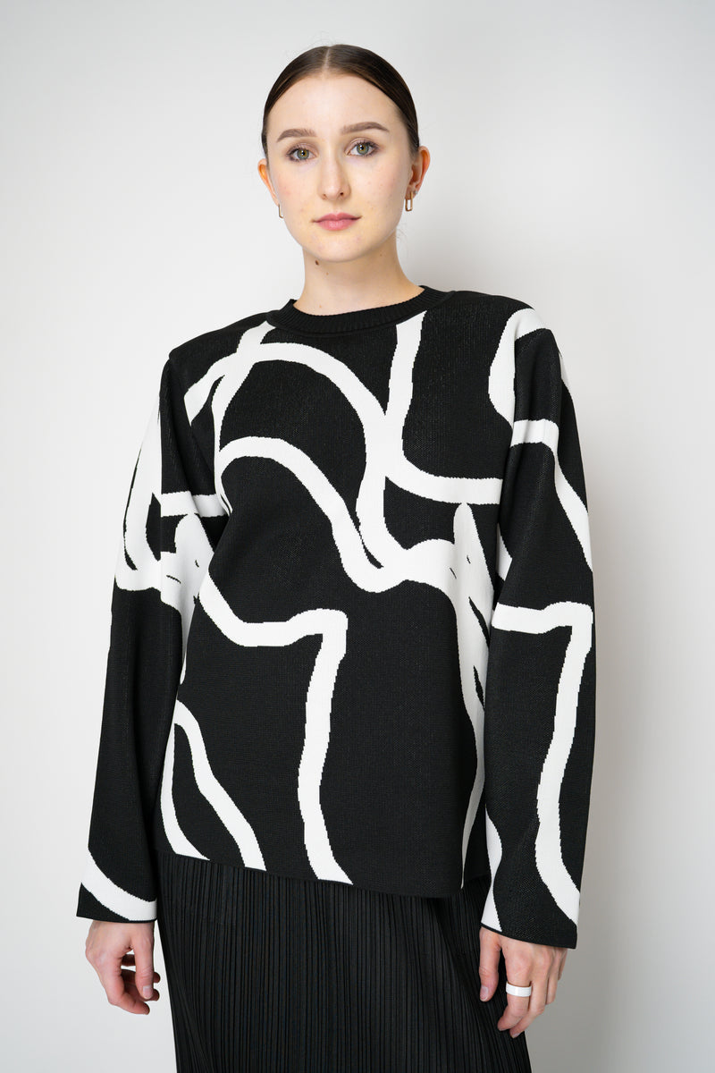 Pleats Please Issey Miyake Pause Knit Contrasting Silhouettes Pullover in Black and White