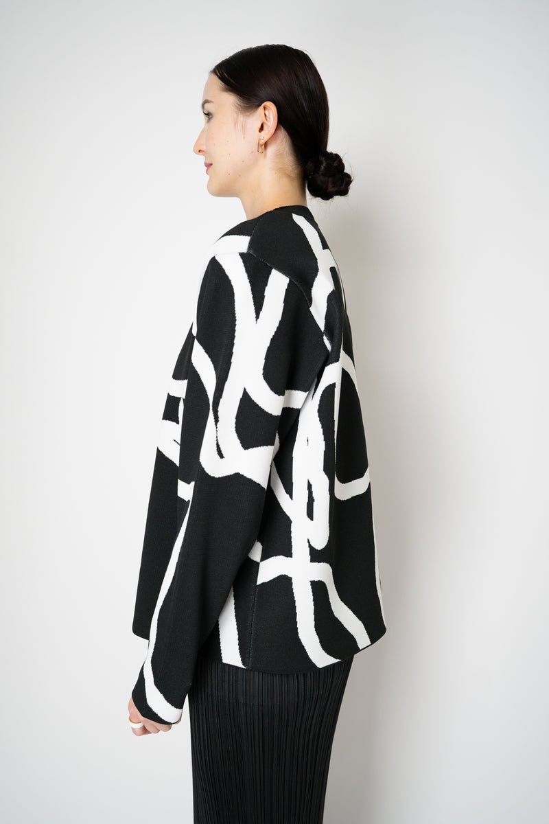 Pleats Please Issey Miyake Pause Knit Contrasting Silhouettes Pullover in Black and White
