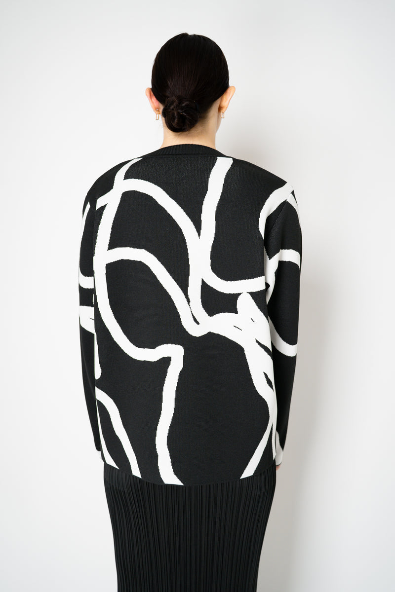 Pleats Please Issey Miyake Pause Knit Contrasting Silhouettes Pullover in Black and White