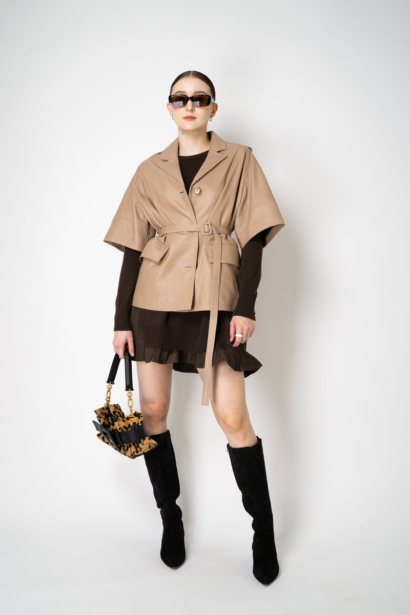 MeiMeiJ Ruffle Trim Knit Dress with Taffeta Back in Chocolate Brown