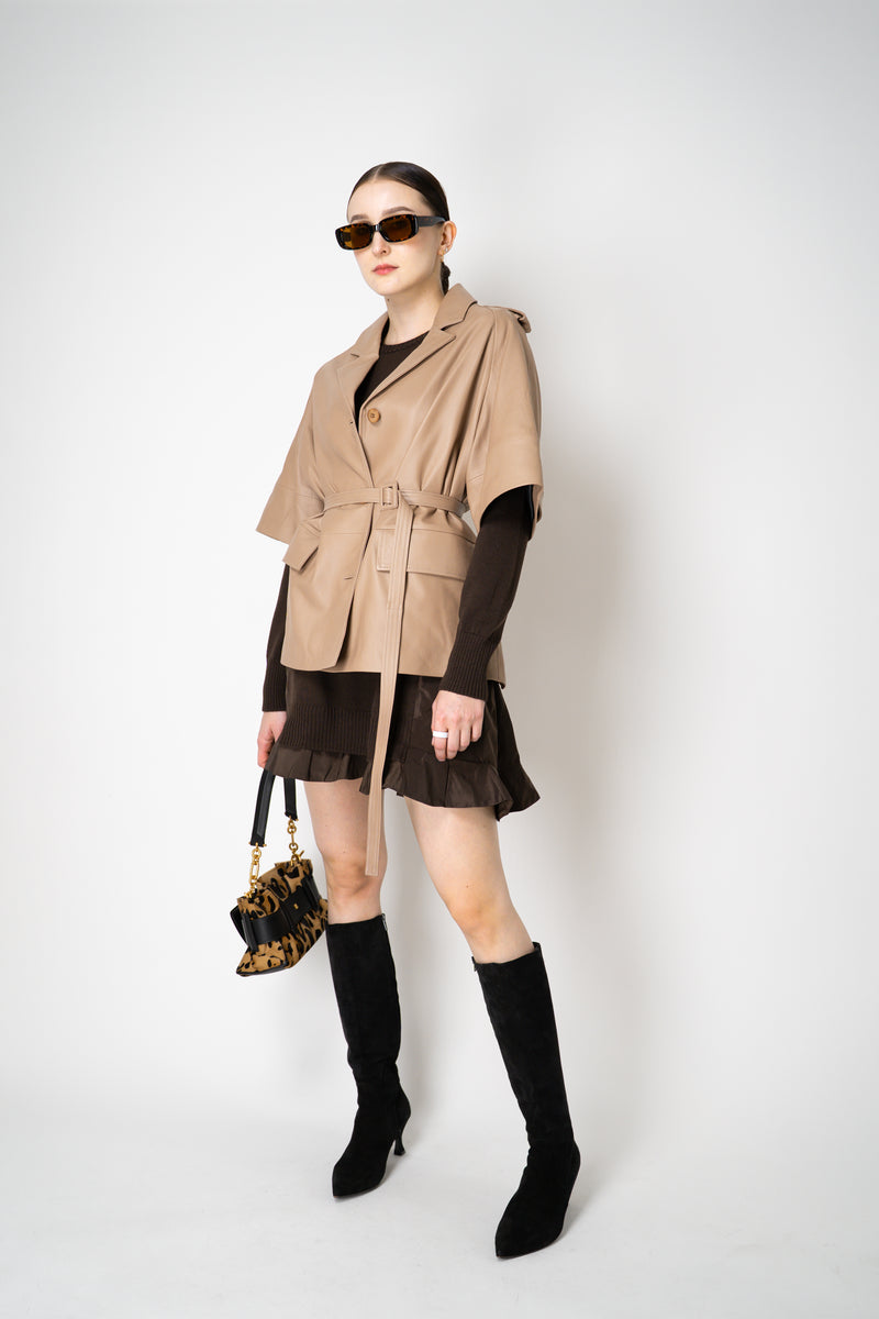 MeiMeiJ Ruffle Trim Knit Dress with Taffeta Back in Chocolate Brown