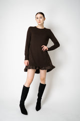 MeiMeiJ Ruffle Trim Knit Dress with Taffeta Back in Chocolate Brown
