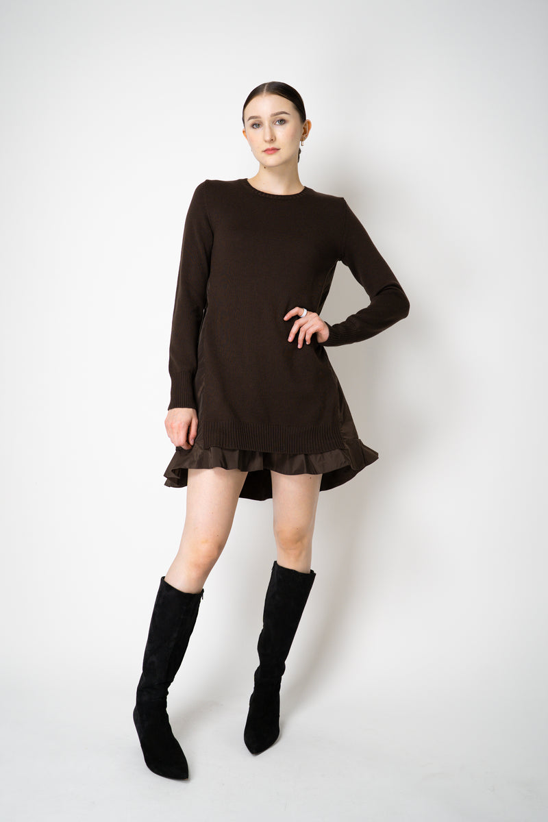 MeiMeiJ Ruffle Trim Knit Dress with Taffeta Back in Chocolate Brown
