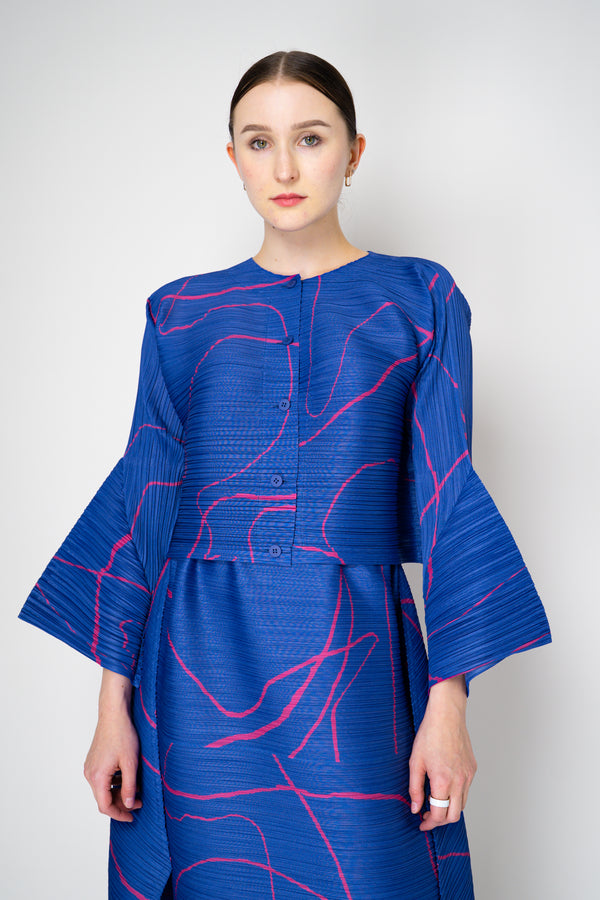 Pleats Please Issey Miyake Pause Contrasting Silhouettes Cropped Cardigan in Indigo and Pink