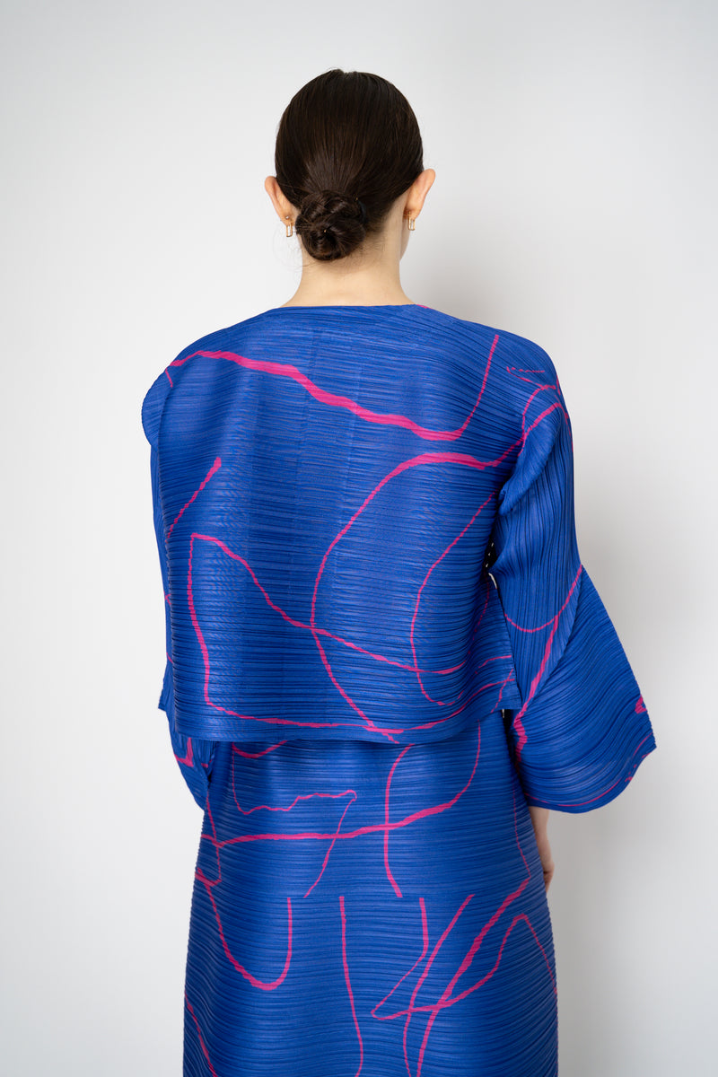 Pleats Please Issey Miyake Pause Contrasting Silhouettes Cropped Cardigan in Indigo and Pink