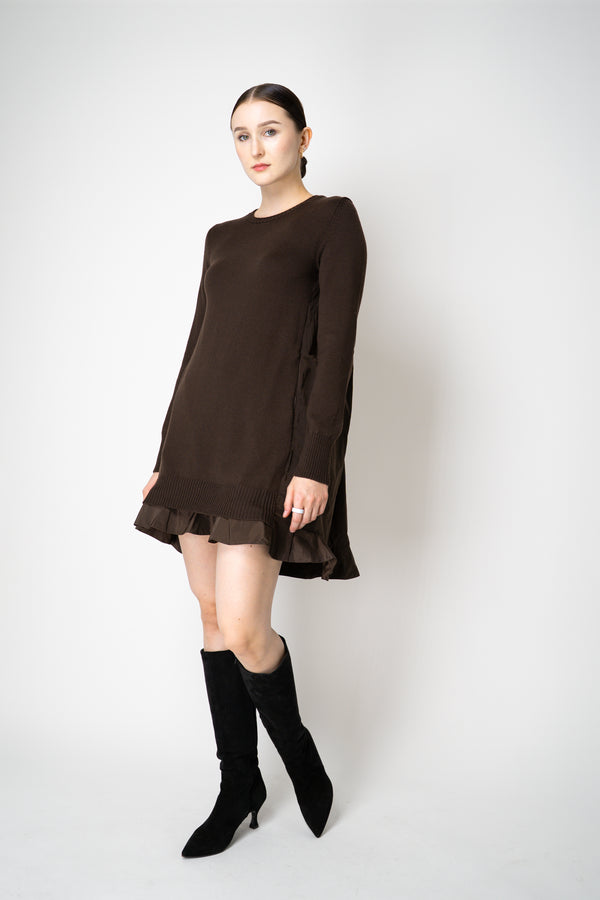 MeiMeiJ Ruffle Trim Knit Dress with Taffeta Back in Chocolate Brown
