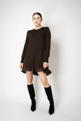 MeiMeiJ Ruffle Trim Knit Dress with Taffeta Back in Chocolate Brown