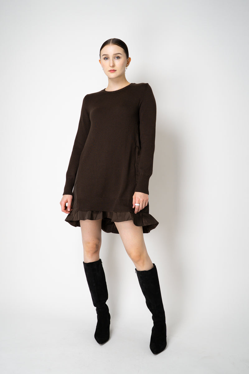 MeiMeiJ Ruffle Trim Knit Dress with Taffeta Back in Chocolate Brown