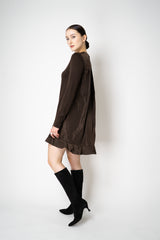 MeiMeiJ Ruffle Trim Knit Dress with Taffeta Back in Chocolate Brown