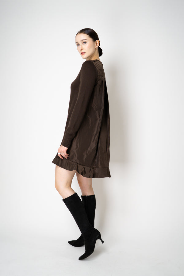 MeiMeiJ Ruffle Trim Knit Dress with Taffeta Back in Chocolate Brown