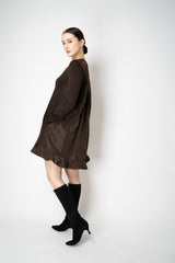 MeiMeiJ Ruffle Trim Knit Dress with Taffeta Back in Chocolate Brown