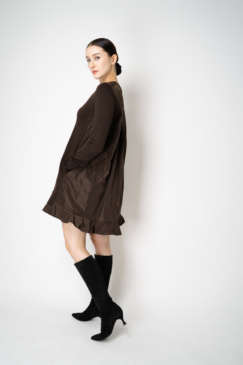 MeiMeiJ Ruffle Trim Knit Dress with Taffeta Back in Chocolate Brown