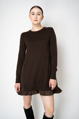 MeiMeiJ Ruffle Trim Knit Dress with Taffeta Back in Chocolate Brown