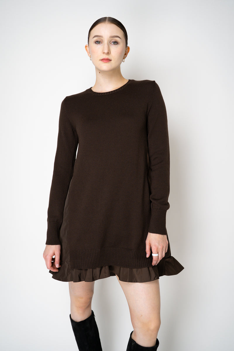 MeiMeiJ Ruffle Trim Knit Dress with Taffeta Back in Chocolate Brown