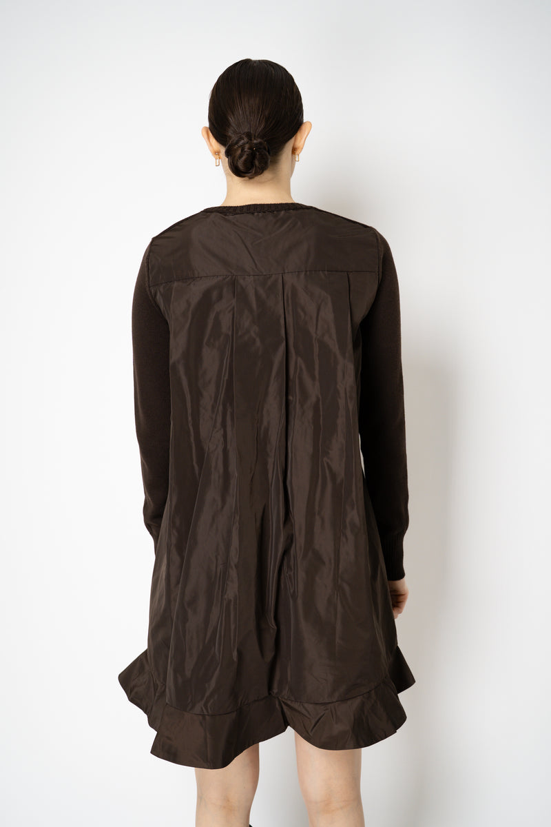 MeiMeiJ Ruffle Trim Knit Dress with Taffeta Back in Chocolate Brown