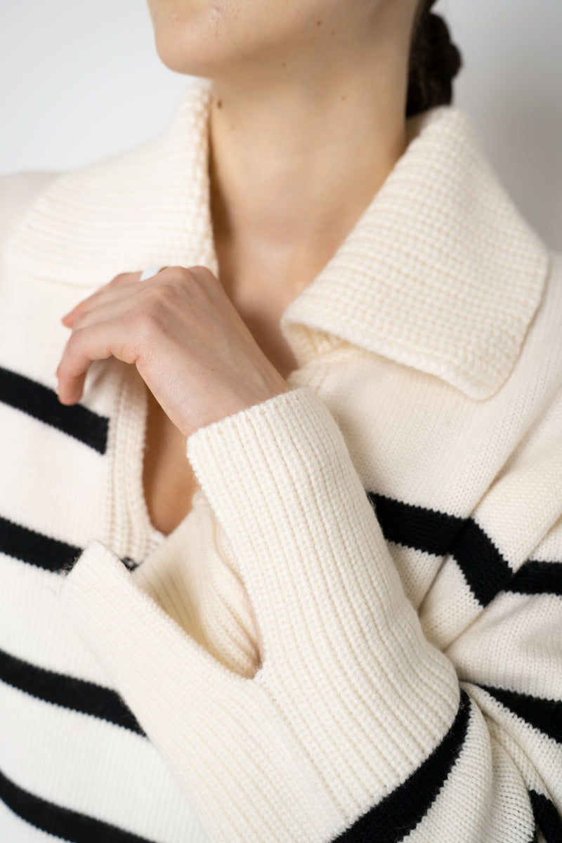 MeiMeiJ Merino Wool Stripe Knit V-neck Collared Pullover in Off-White