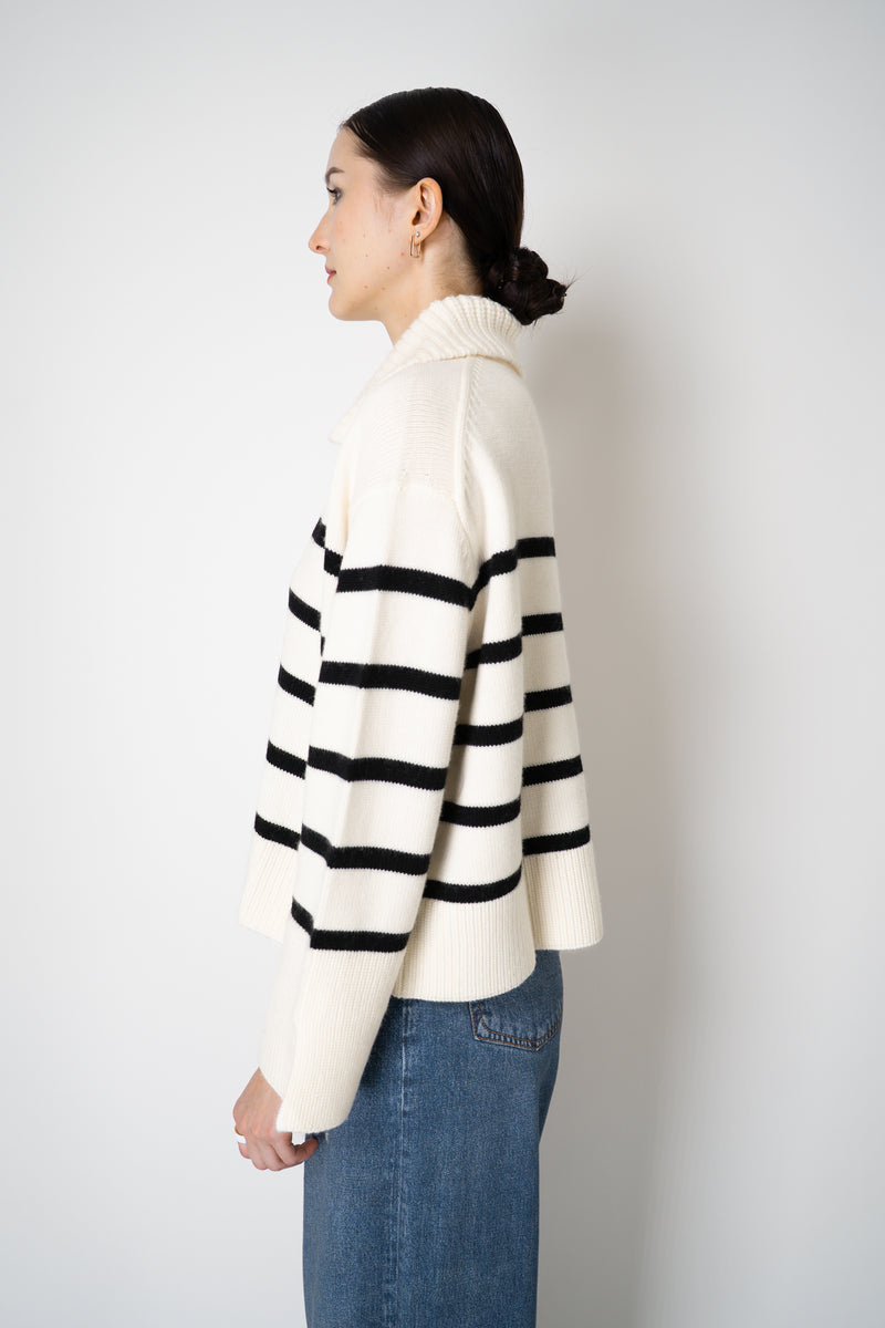 MeiMeiJ Merino Wool Stripe Knit V-neck Collared Pullover in Off-White