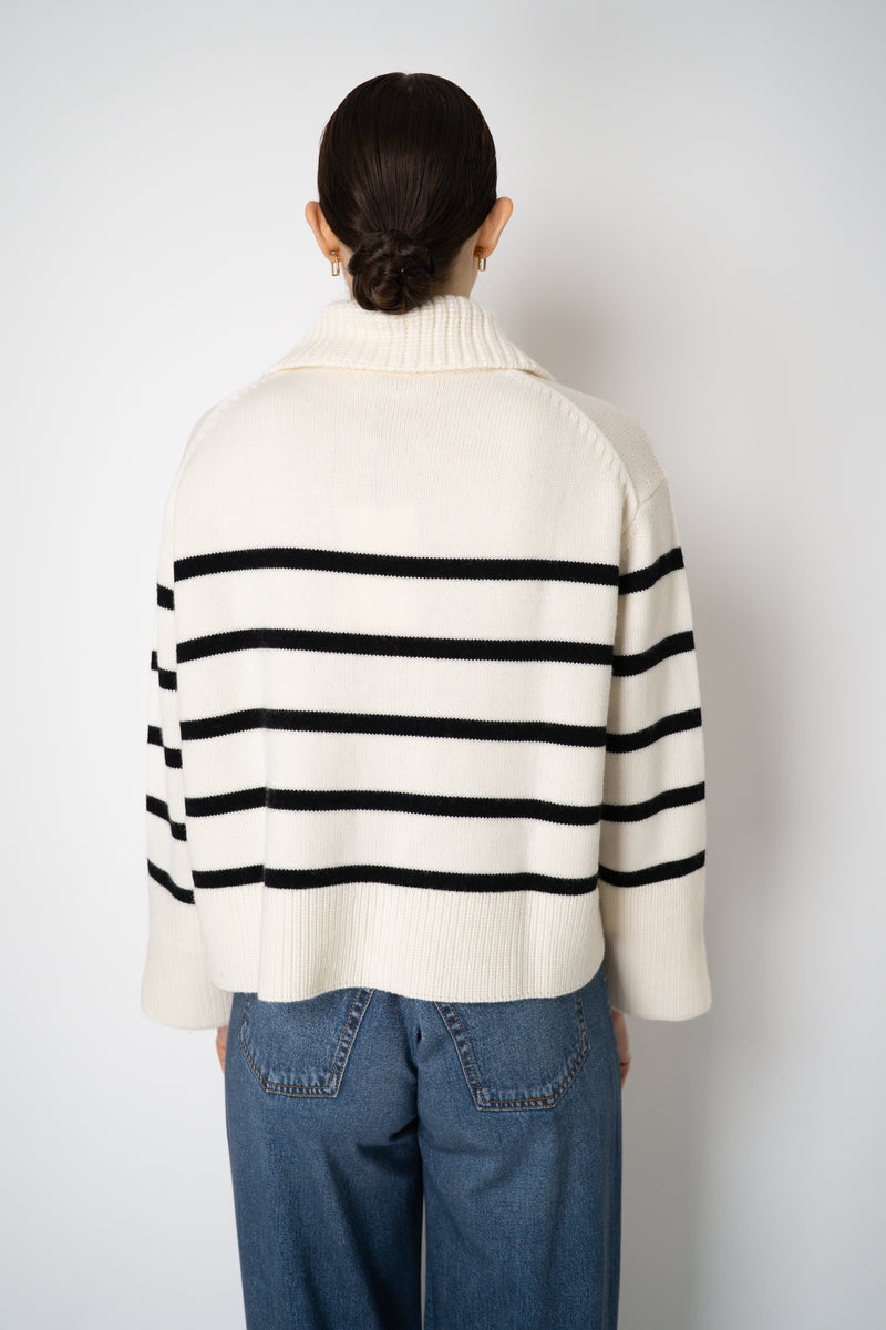 MeiMeiJ Merino Wool Stripe Knit V-neck Collared Pullover in Off-White