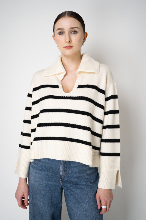 MeiMeiJ Merino Wool Stripe Knit V-neck Collared Pullover in Off-White