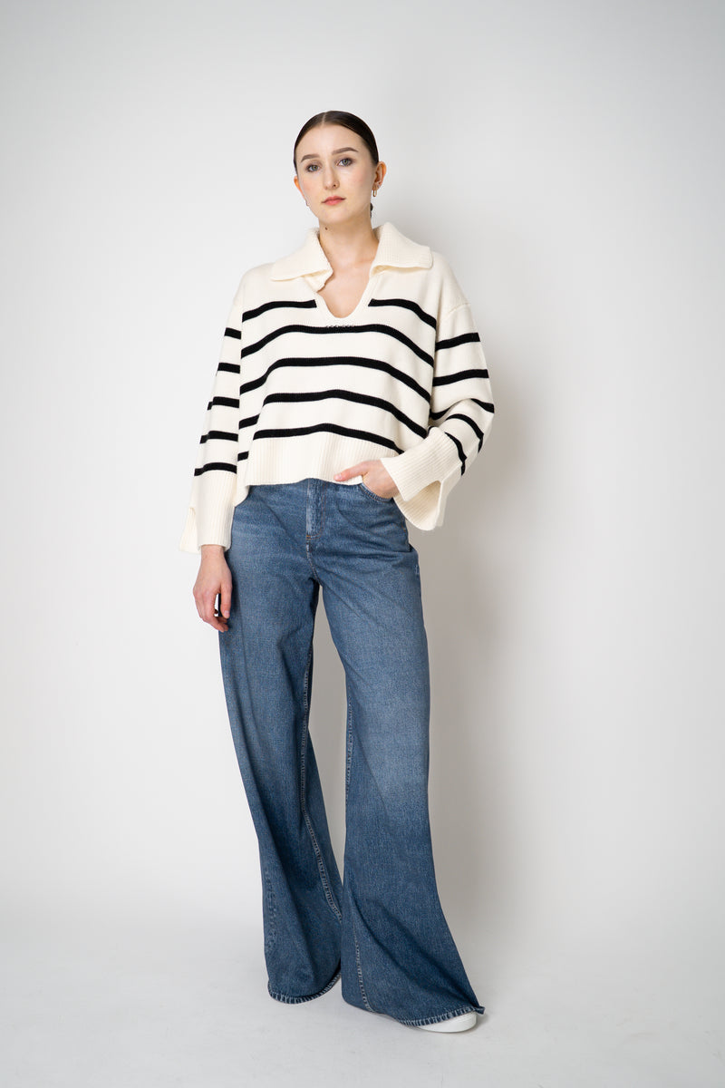 MeiMeiJ Merino Wool Stripe Knit V-neck Collared Pullover in Off-White