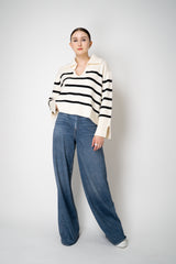 MeiMeiJ Merino Wool Stripe Knit V-neck Collared Pullover in Off-White