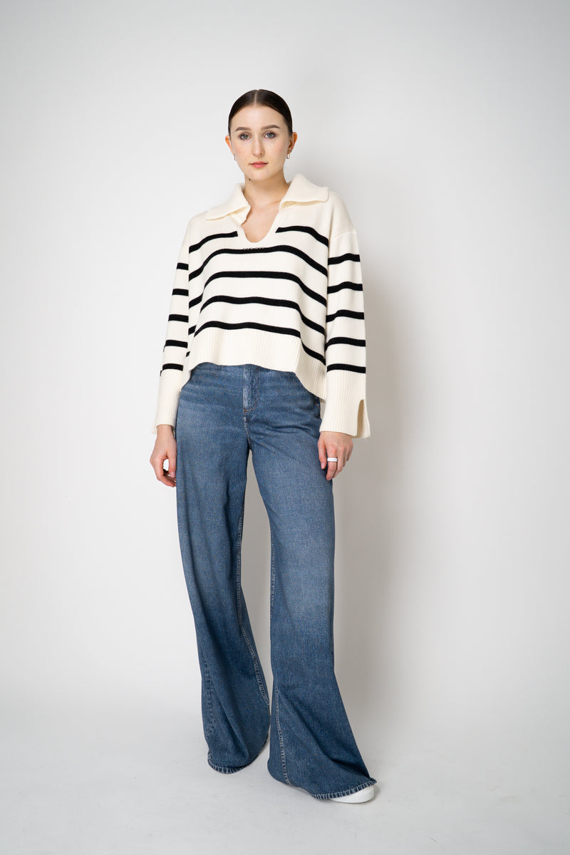 MeiMeiJ Merino Wool Stripe Knit V-neck Collared Pullover in Off-White