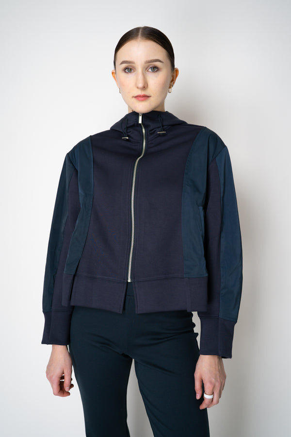 MeiMeiJ Cropped Techno Stretch and Jersey Hooded Jacket in Navy