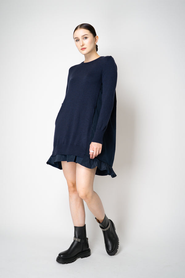 MeiMeiJ Ruffle Trim Knit Dress with Taffeta Back in Navy