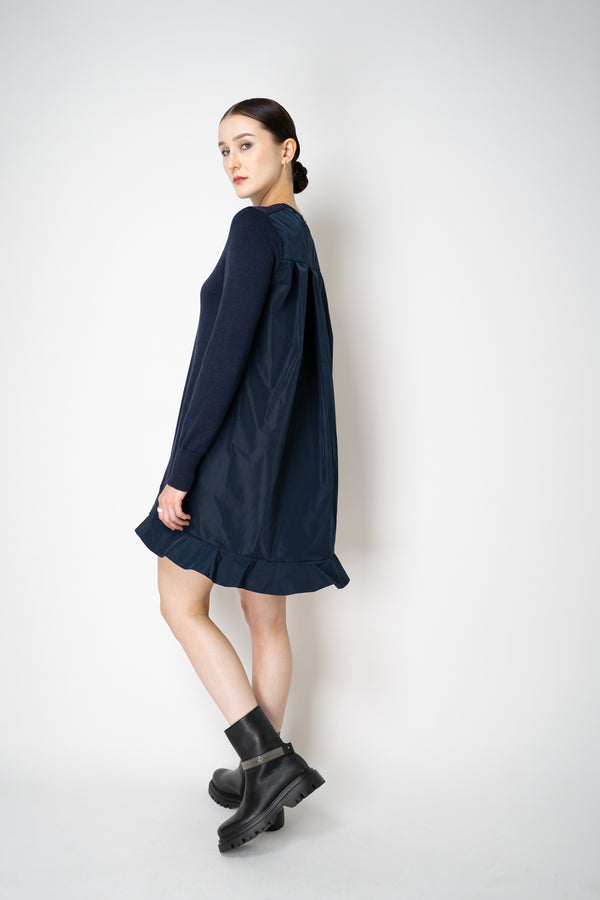 MeiMeiJ Ruffle Trim Knit Dress with Taffeta Back in Navy