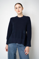 MeiMeiJ Merino Wool Knit A-line Cinched Effect Pullover with Twill Details in Navy