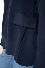 MeiMeiJ Merino Wool Knit A-line Cinched Effect Pullover with Twill Details in Navy