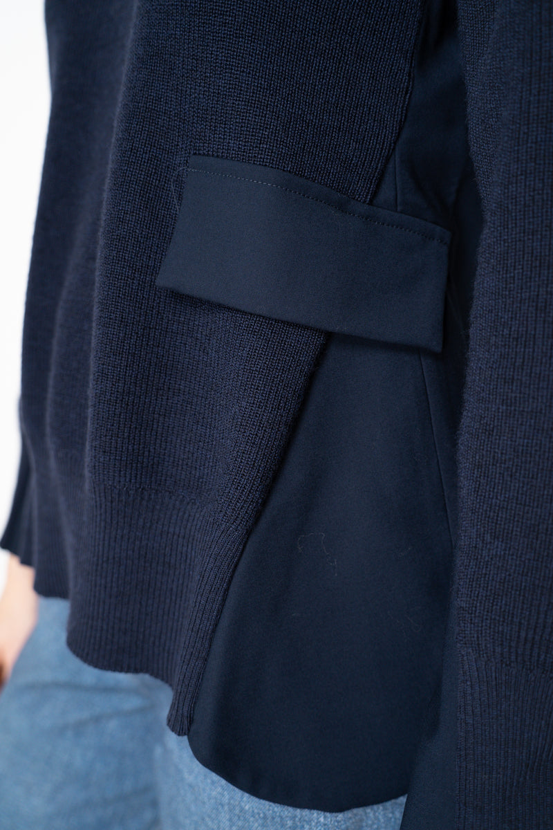 MeiMeiJ Merino Wool Knit A-line Cinched Effect Pullover with Twill Details in Navy