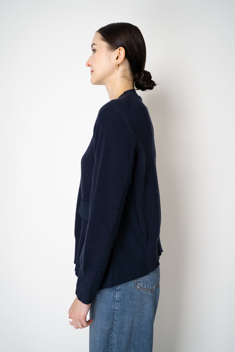 MeiMeiJ Merino Wool Knit A-line Cinched Effect Pullover with Twill Details in Navy