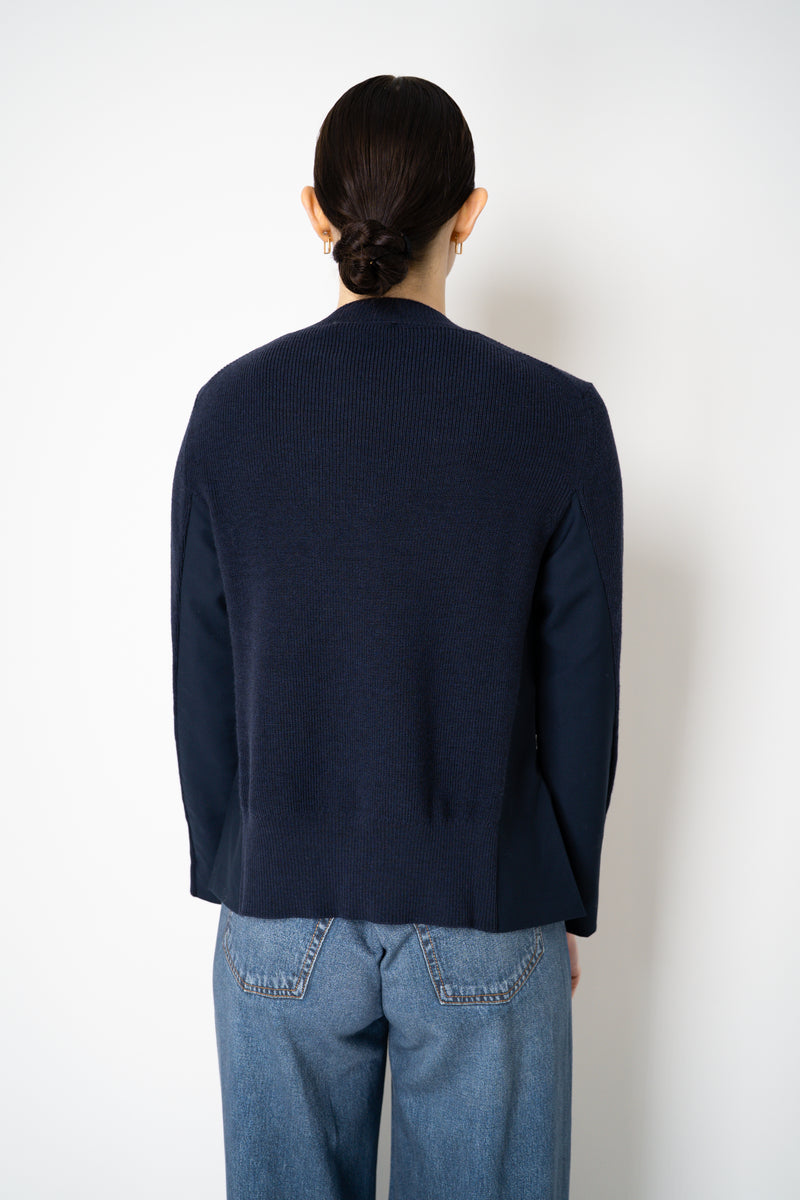 MeiMeiJ Merino Wool Knit A-line Cinched Effect Pullover with Twill Details in Navy