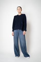 MeiMeiJ Merino Wool Knit A-line Cinched Effect Pullover with Twill Details in Navy