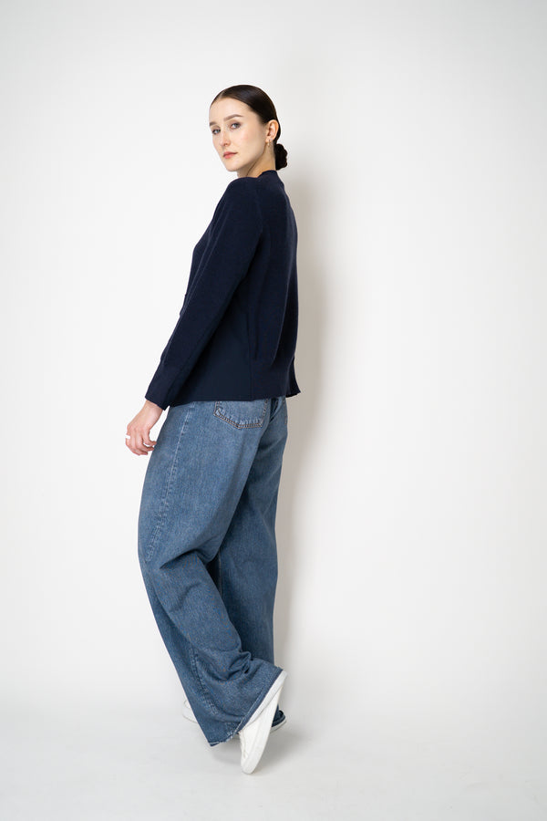MeiMeiJ Merino Wool Knit A-line Cinched Effect Pullover with Twill Details in Navy