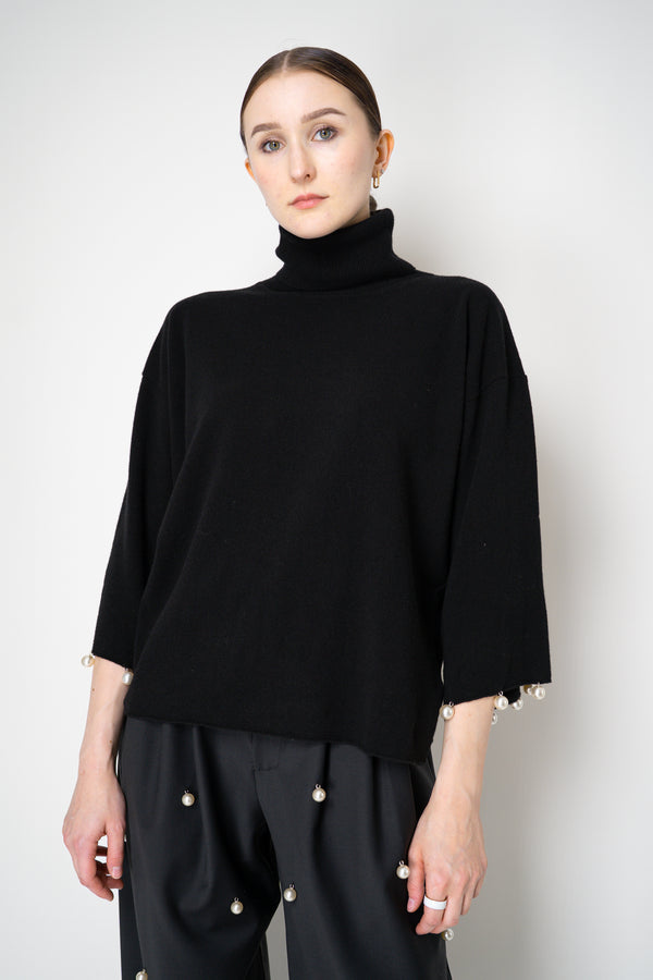 MeiMeiJ Pearl Embellished Wool Cashmere Knit Turtleneck Pullover in Black