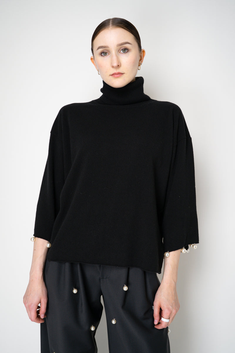 MeiMeiJ Pearl Embellished Wool Cashmere Knit Turtleneck Pullover in Black
