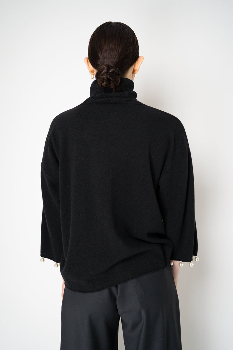 MeiMeiJ Pearl Embellished Wool Cashmere Knit Turtleneck Pullover in Black