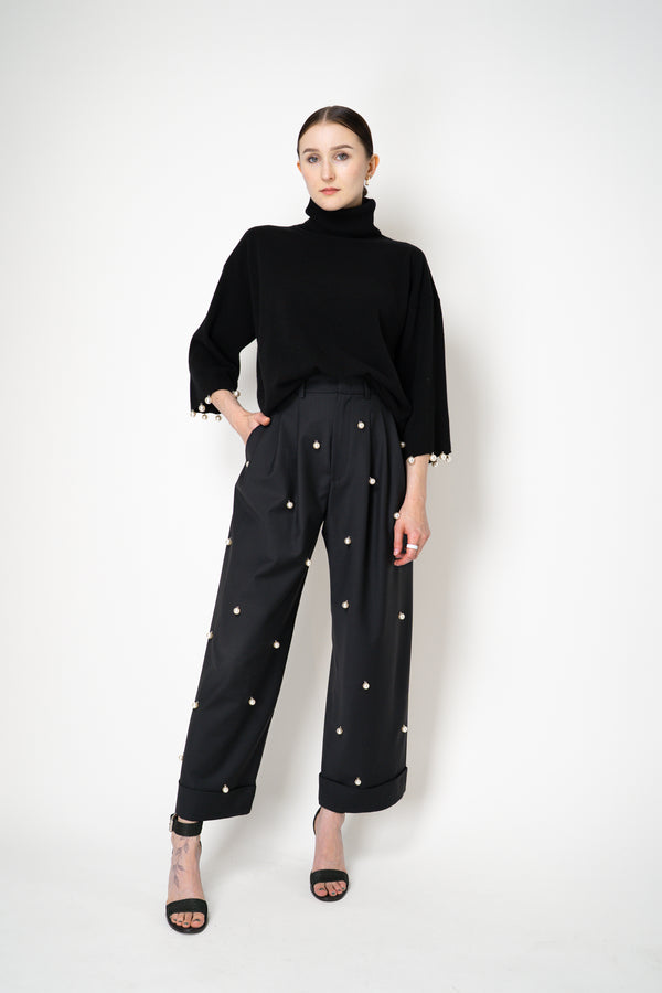 MeiMeiJ Twill Suiting Trousers with Pearl Embellishments in Black