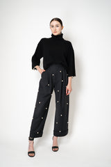 MeiMeiJ Pearl Embellished Wool Cashmere Knit Turtleneck Pullover in Black