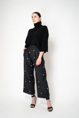 MeiMeiJ Pearl Embellished Wool Cashmere Knit Turtleneck Pullover in Black