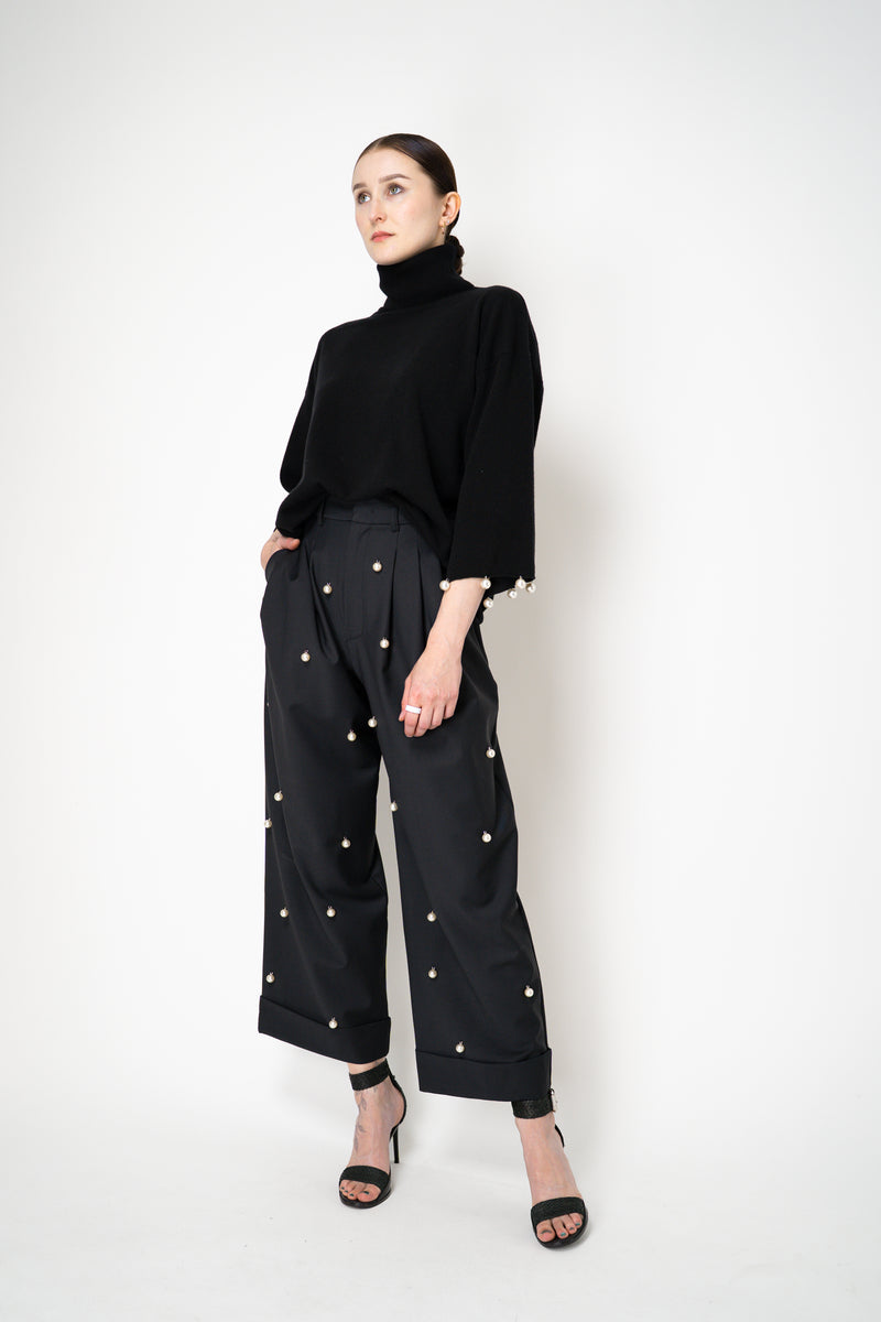 MeiMeiJ Pearl Embellished Wool Cashmere Knit Turtleneck Pullover in Black