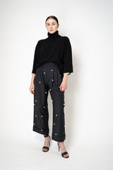MeiMeiJ Pearl Embellished Wool Cashmere Knit Turtleneck Pullover in Black