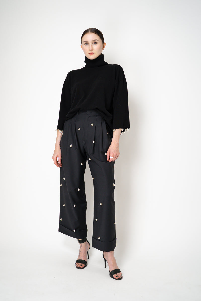 MeiMeiJ Pearl Embellished Wool Cashmere Knit Turtleneck Pullover in Black